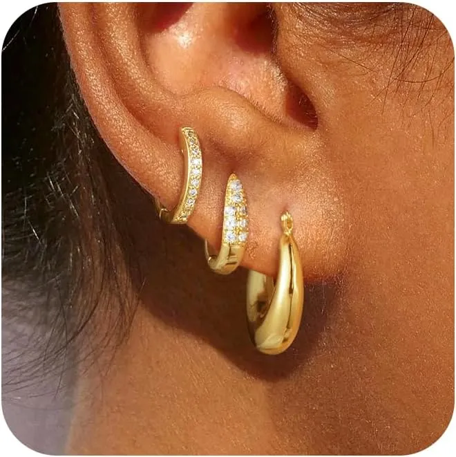 3 Pairs Gold/Silver Hoop Earrings Set for Women,Dainty Cubic Zirconia Hoop Earrings Women Stack Hypoallergenic Trendy Pack Jewelry