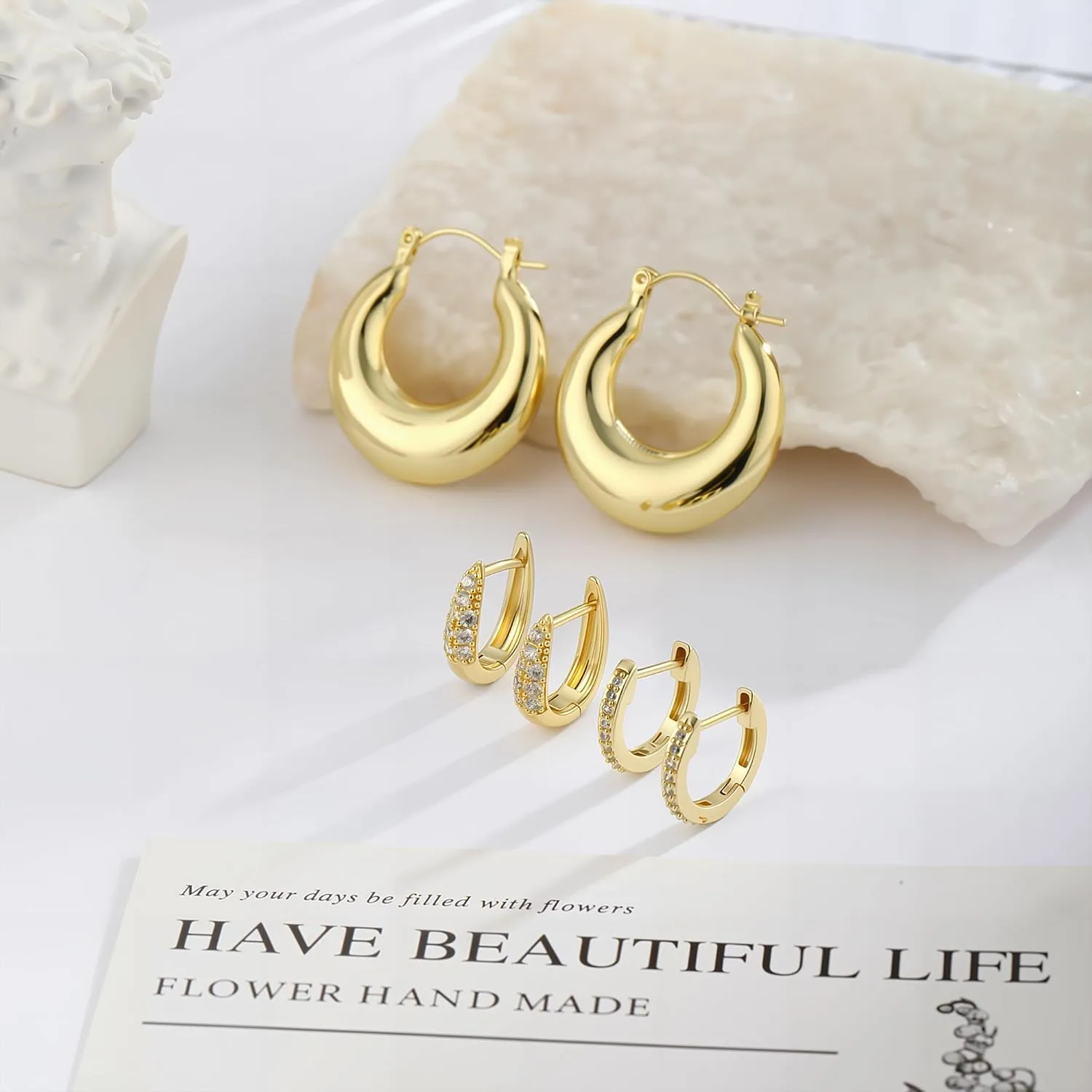 3 Pairs Gold/Silver Hoop Earrings Set for Women,Dainty Cubic Zirconia Hoop Earrings Women Stack Hypoallergenic Trendy Pack Jewelry