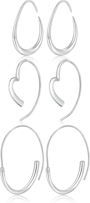 3 Pairs Lightweight Silver Teardrop Hoop Earrings for Women - 14k Gold/White Gold Plated Small Thin Oval/Heart/Round Pull-Through Hoops, Lightweight and Chic Jewelry for Women High Polished Stunning