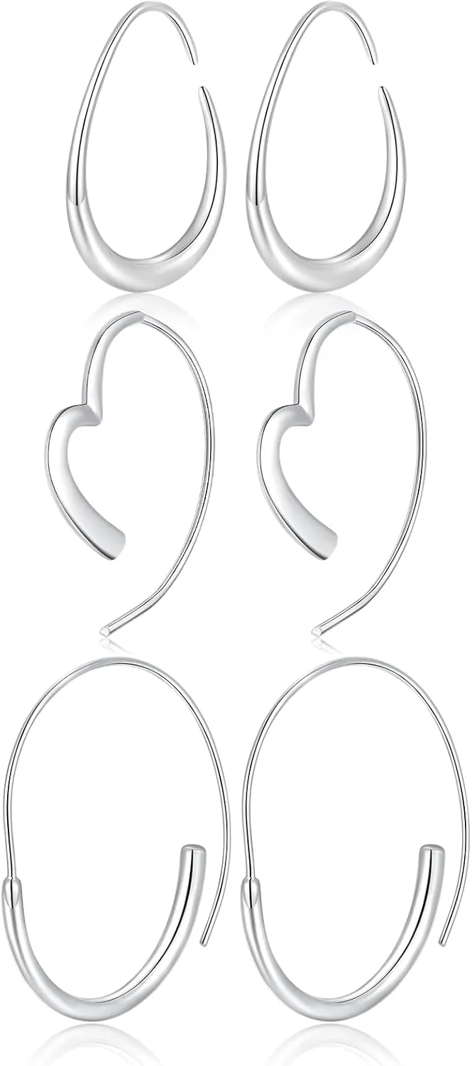 3 Pairs Lightweight Silver Teardrop Hoop Earrings for Women - 14k Gold/White Gold Plated Small Thin Oval/Heart/Round Pull-Through Hoops, Lightweight and Chic Jewelry for Women High Polished Stunning