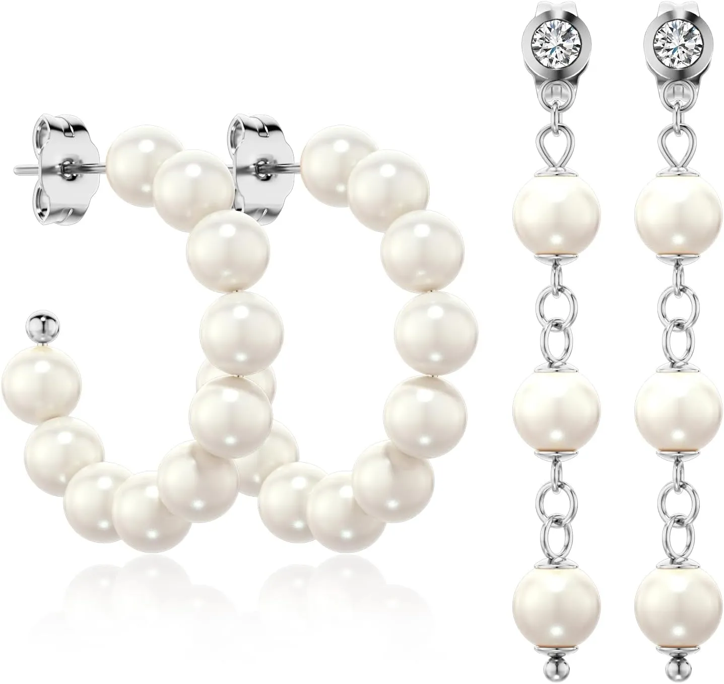 3 Pairs Pearl Earrings for Women - Gold Plated Lightweight Open Large Circle Round Pearl Earrings, 316L Surgical Steel Hypoallergenic, Valentines Day Gift.