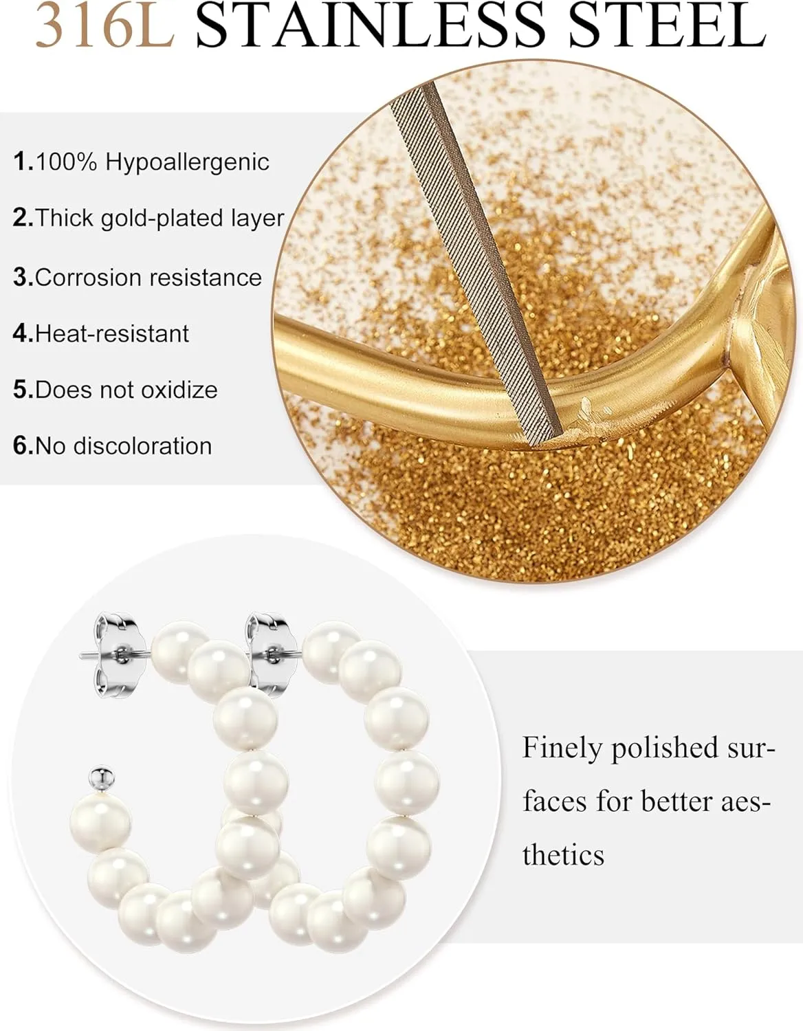 3 Pairs Pearl Earrings for Women - Gold Plated Lightweight Open Large Circle Round Pearl Earrings, 316L Surgical Steel Hypoallergenic, Valentines Day Gift.