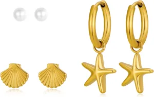 3 Pairs Starfish Earring Stacks Small Pearl Shell Gold Huggie Hoop Earrings for Women Summer Ocean Beach Earring Sets for Multiple Piercing Stackable Earrings