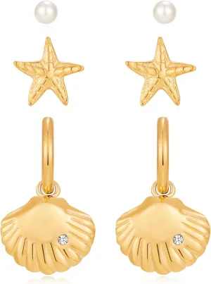 3 Pairs Starfish Earring Stacks Small Pearl Shell Gold Huggie Hoop Earrings for Women Summer Ocean Beach Earring Sets for Multiple Piercing Stackable Earrings