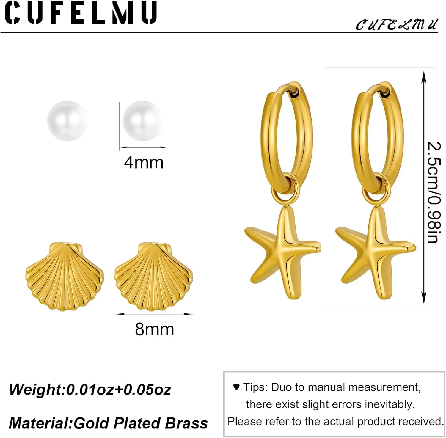 3 Pairs Starfish Earring Stacks Small Pearl Shell Gold Huggie Hoop Earrings for Women Summer Ocean Beach Earring Sets for Multiple Piercing Stackable Earrings