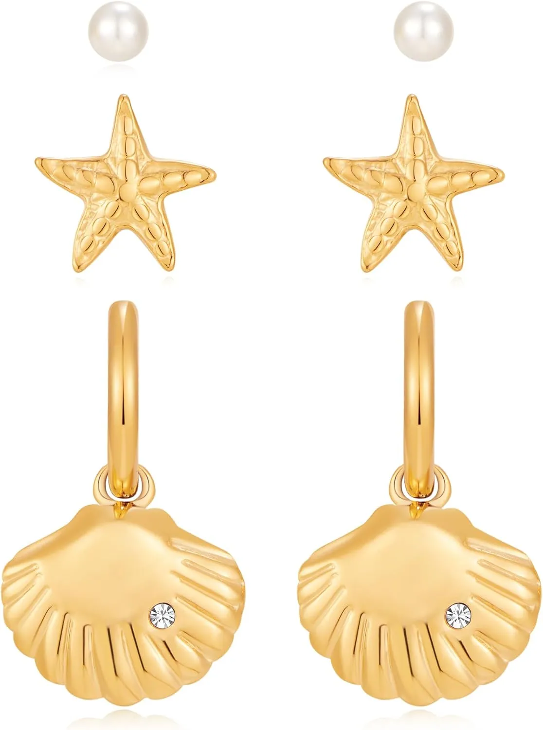 3 Pairs Starfish Earring Stacks Small Pearl Shell Gold Huggie Hoop Earrings for Women Summer Ocean Beach Earring Sets for Multiple Piercing Stackable Earrings