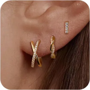 3 Pairs Women's 14K Gold Plated Hoop Earrings - Cubic Zirconia, Everyday Wear