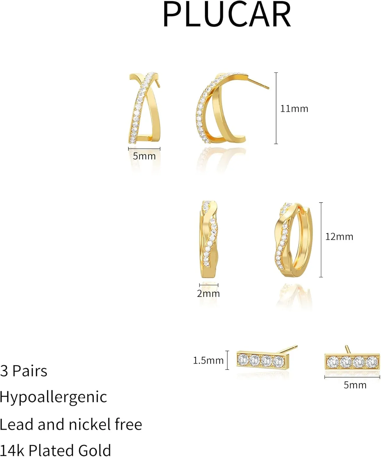 3 Pairs Women's 14K Gold Plated Hoop Earrings - Cubic Zirconia, Everyday Wear
