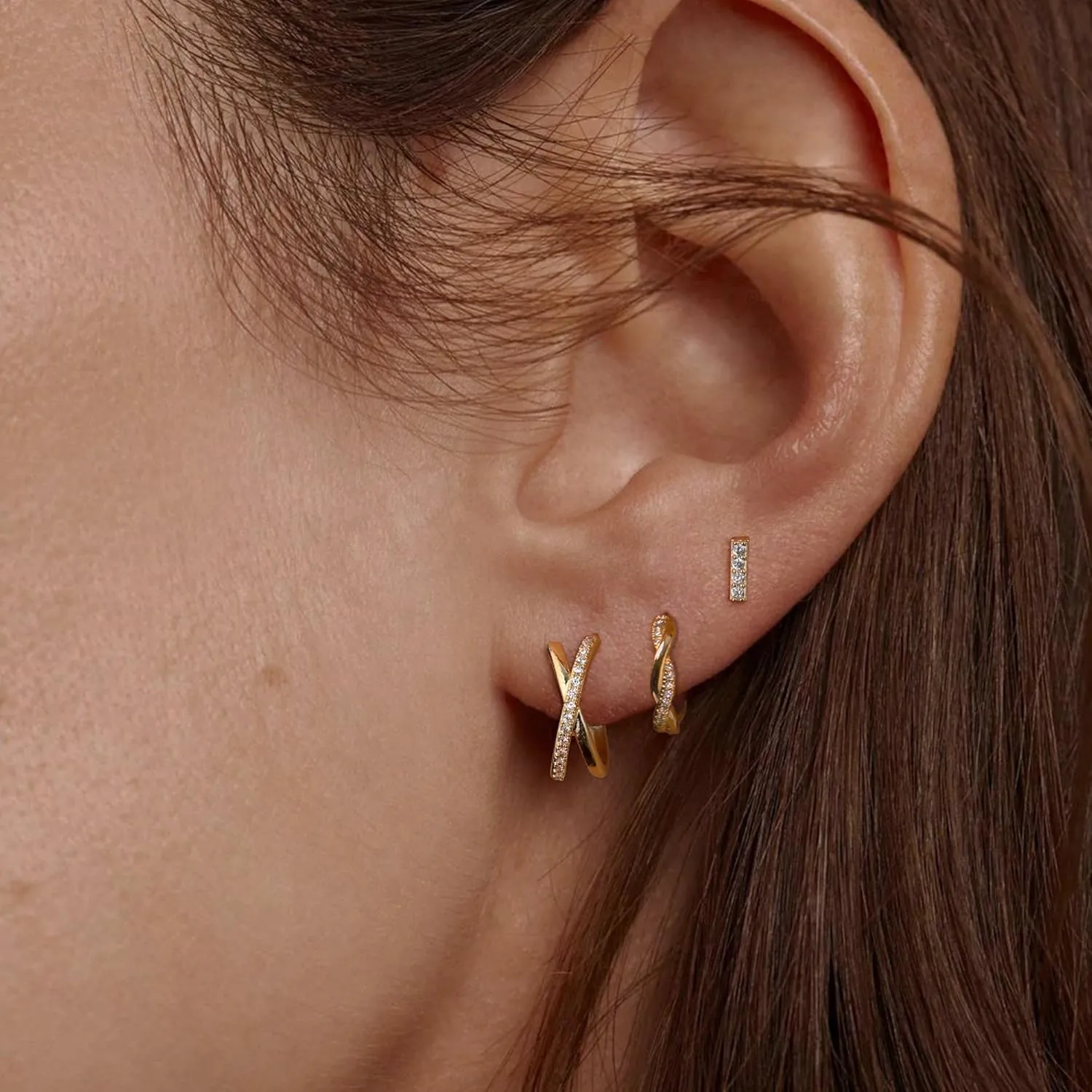 3 Pairs Women's 14K Gold Plated Hoop Earrings - Cubic Zirconia, Everyday Wear
