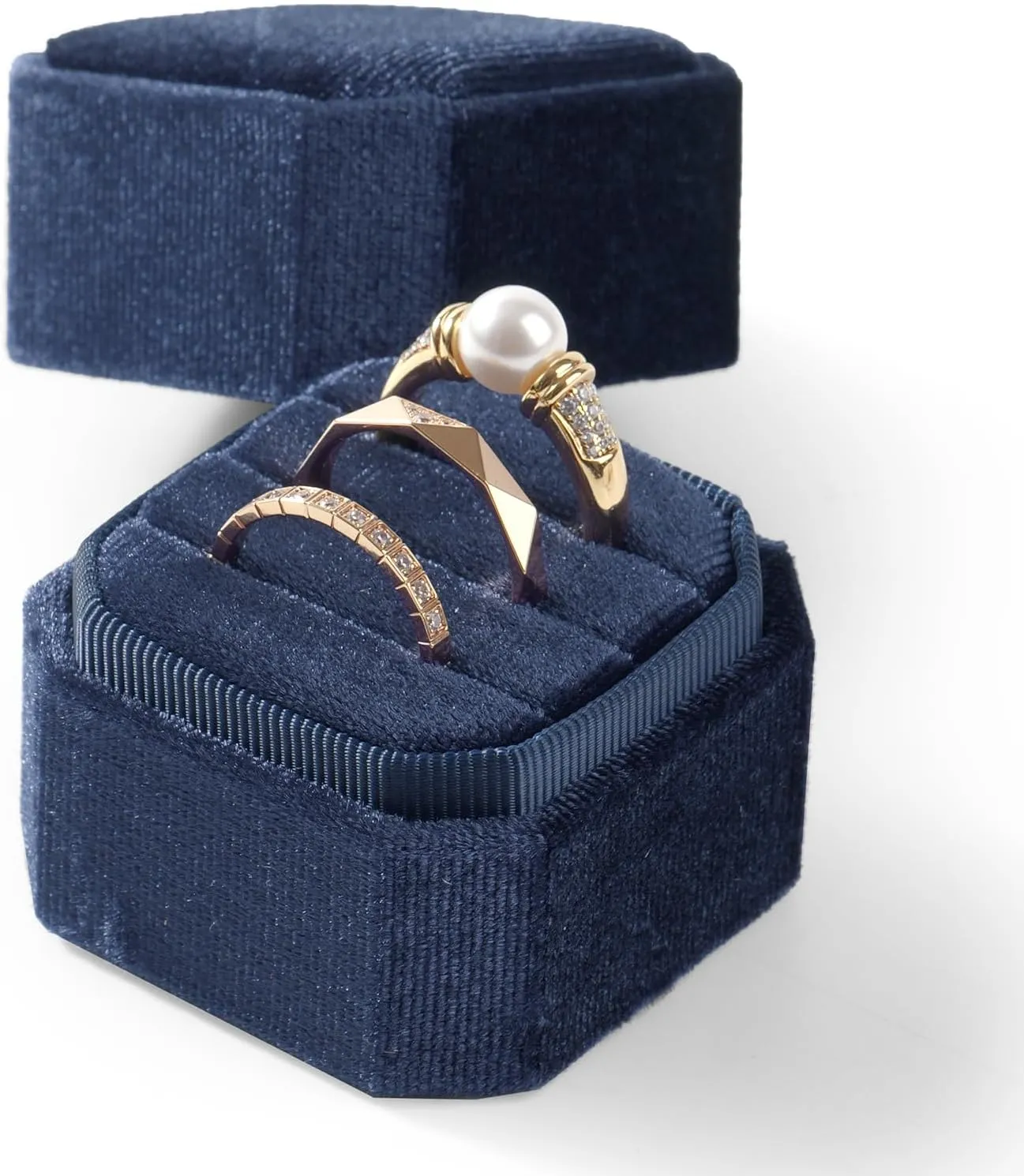 3 Slots Ring Box Velvet Ring Gift Box Wedding Day For Proposal, Engagement, Wedding,Mother's Day, Valentine's Day (Dark Blue)