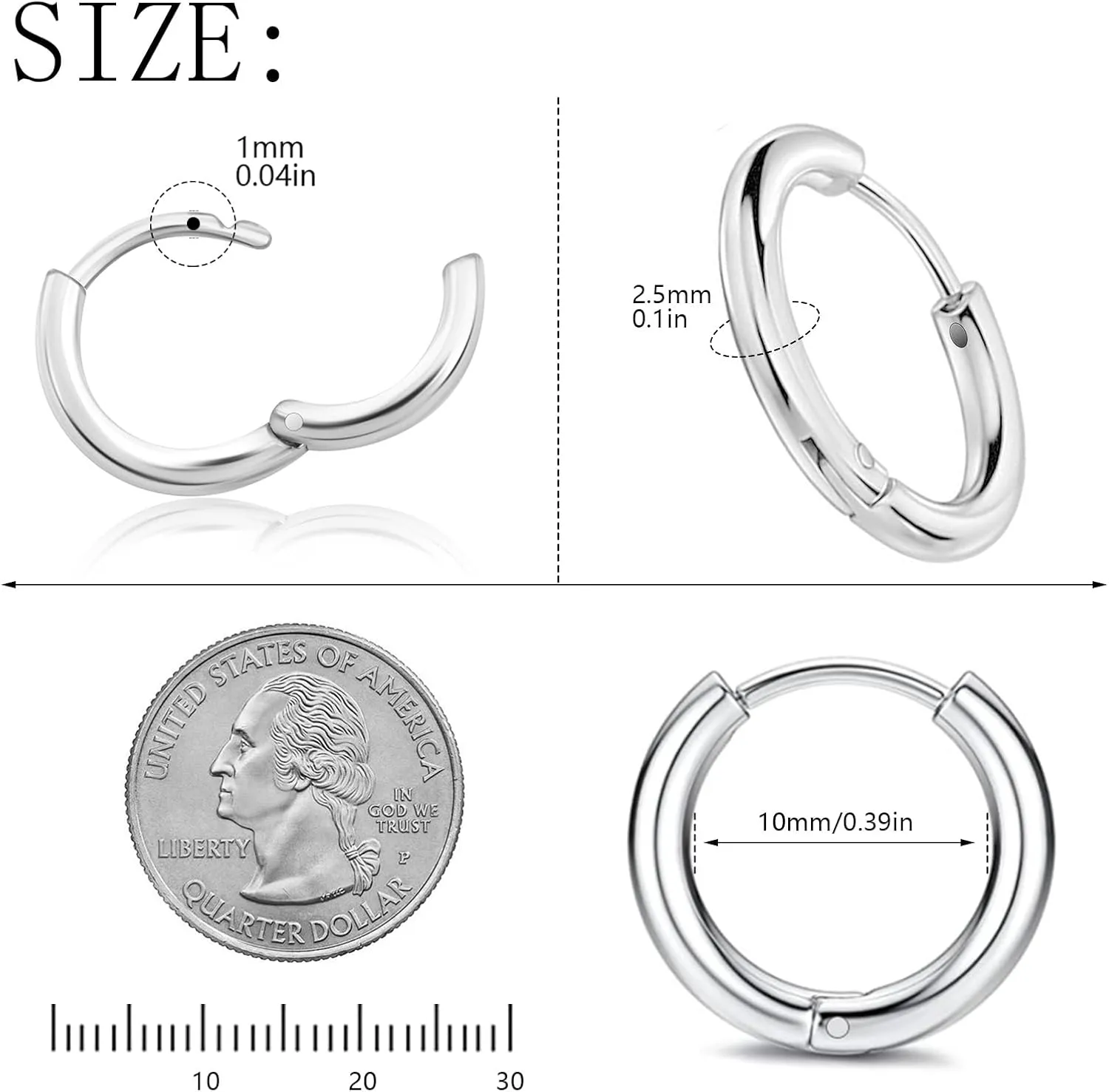316 Stainless Steel Huggie Hoop Earrings, 10mm/12mm, Hypoallergenic, Lightweight