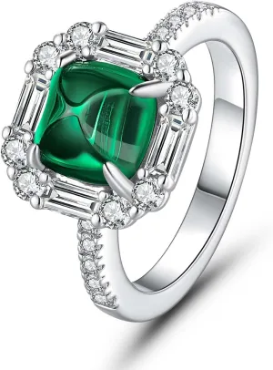 3.5CT White Gold Plated Emerald Green Statement Rings for Women, Sugar-Loaf Cut Square Halo Promise Rings for her, Cabochon Zirconia Engagement Rings, Birthday Anniversary Christmas Gifts for Women
