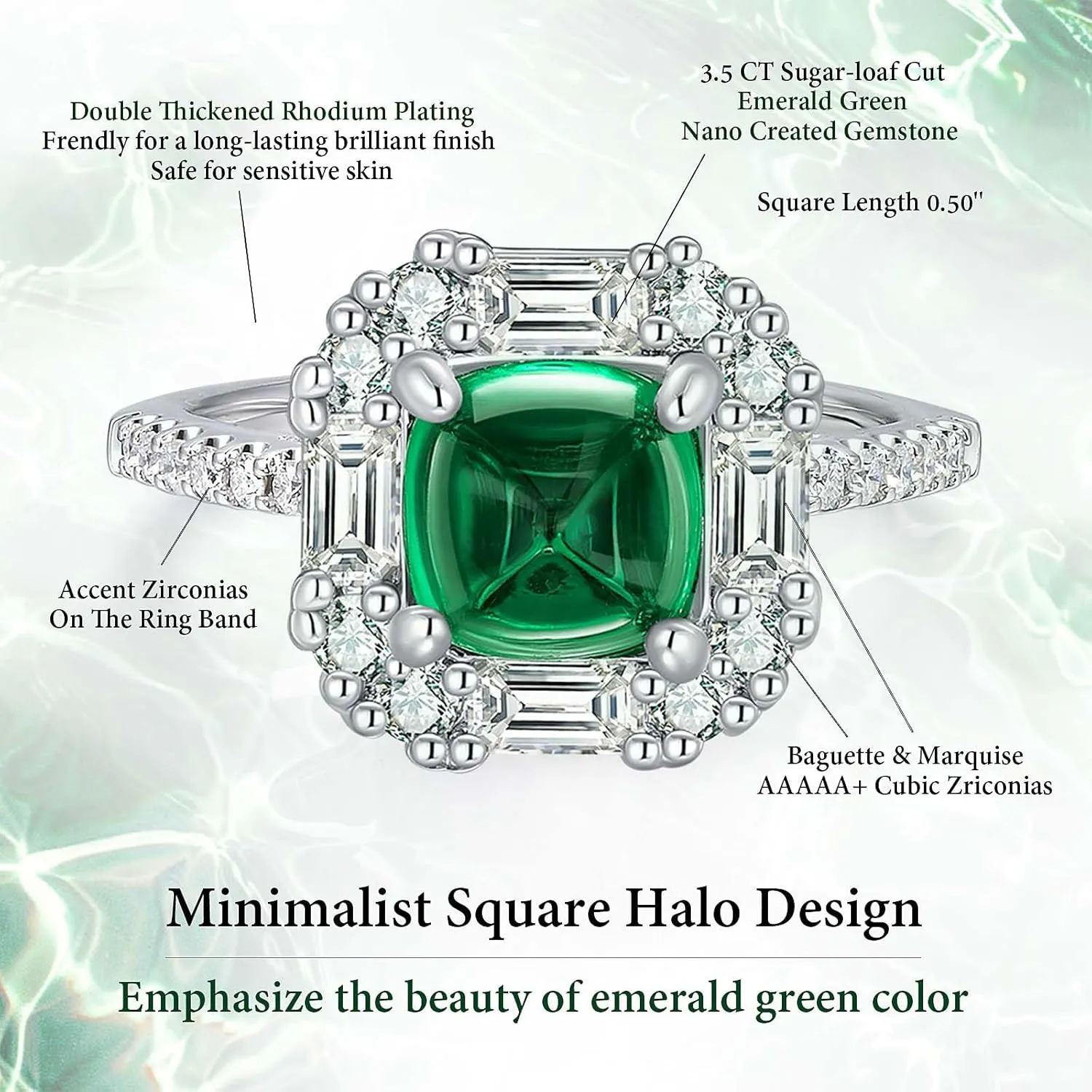 3.5CT White Gold Plated Emerald Green Statement Rings for Women, Sugar-Loaf Cut Square Halo Promise Rings for her, Cabochon Zirconia Engagement Rings, Birthday Anniversary Christmas Gifts for Women