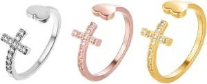 3PCS 14K Gold Plated Cubic Zirconia Cross Heart Ring for Women,Eternity Promise Ring Infinity Religious Wedding Band,Adjustable Ring Pray Religious Christian Faith Jewelry Gifts for Her