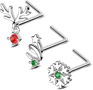 3PCS Christmas Nose Stud 20G Screw Nose Rings for Women L Shape Nose Piercing Jewelry 316L Stainless Steel
