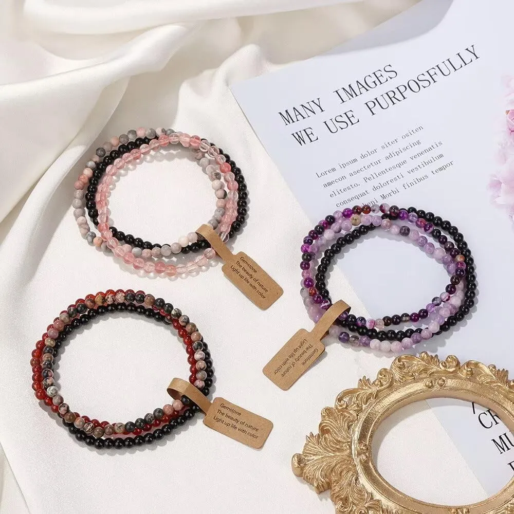 3PCS Healing Crystal Bracelets for Women Men 4mm Natural Stone Beaded Stretch Bracelet Amethyst Jewelry Gifts Semi-Precious Gemstone Beaded Bracelets Round Gemstones Elastic Stretch Bracelet