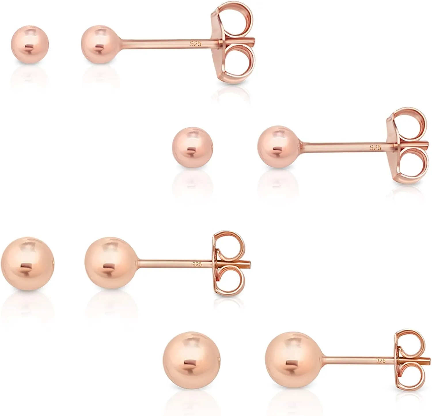 4 PAIRS 925 sterling silver stud earrings for women - tiny stud earrings - 24K Yellow or 18K Rose Gold Plated - small gold stud earrings - earrings studs pack - Diameter: 2, 3, 4, 5, 6 mm