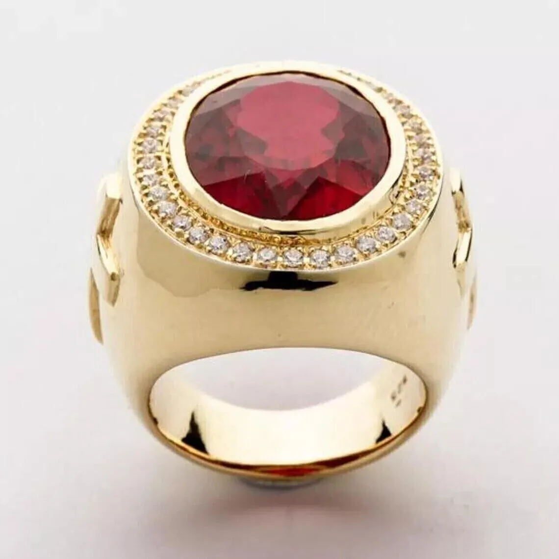 4.00 Carat Simulated Red Ruby And Diamond Men's Christian Cross Bishop Engagement Wedding Ring 14K Yellow Gold Plated 925 Silver.