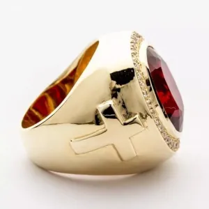 4.00 Carat Simulated Red Ruby And Diamond Men's Christian Cross Bishop Engagement Wedding Ring 14K Yellow Gold Plated 925 Silver.