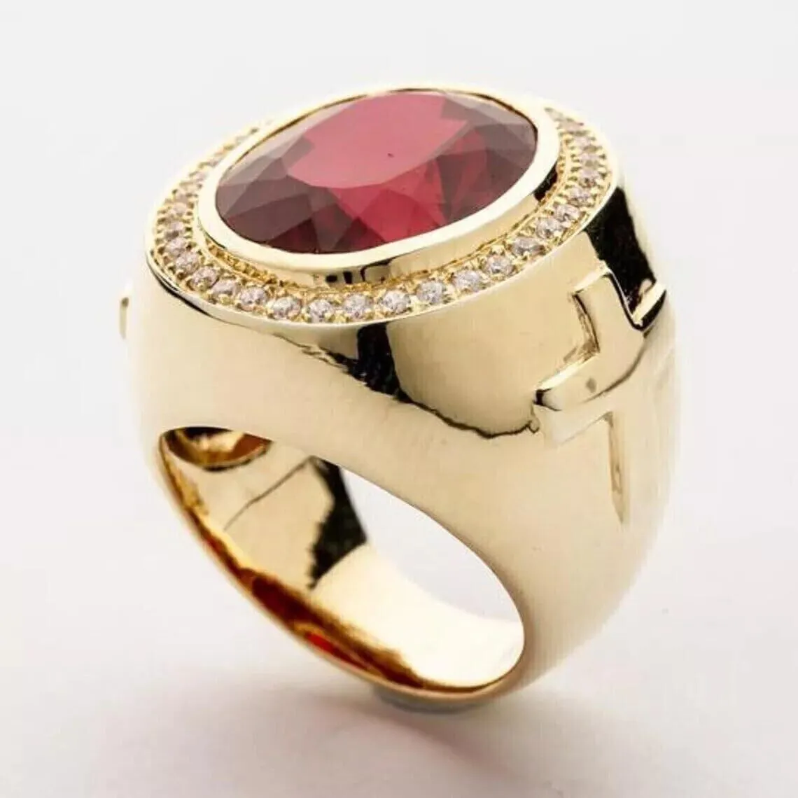 4.00 Carat Simulated Red Ruby And Diamond Men's Christian Cross Bishop Engagement Wedding Ring 14K Yellow Gold Plated 925 Silver.