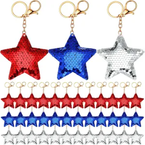 48 Pcs 4th of July Sequin Keychain Glitter Red Blue Sliver Star Sequin Key Rings Key Chains Backpack Bag Accessories Memorial Day Holiday Party Favors Decor for Men Women Wedding Gift Exchange