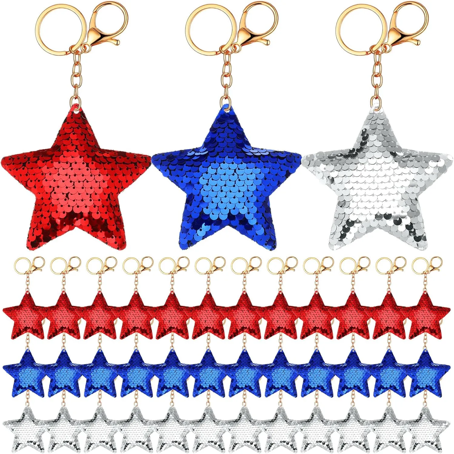 48 Pcs 4th of July Sequin Keychain Glitter Red Blue Sliver Star Sequin Key Rings Key Chains Backpack Bag Accessories Memorial Day Holiday Party Favors Decor for Men Women Wedding Gift Exchange