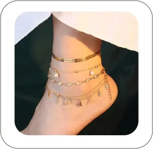 4Pcs Ankle Bracelets for Women Girls Waterproof Cuban Anklets Charm Anklet Boho Beach Anklet Set Silver Multilayer Adjustable Size Ankle Bracelets