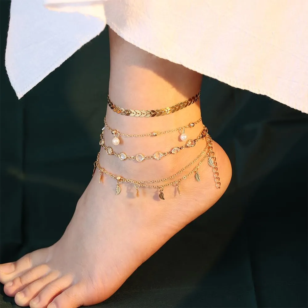 4Pcs Ankle Bracelets for Women Girls Waterproof Cuban Anklets Charm Anklet Boho Beach Anklet Set Silver Multilayer Adjustable Size Ankle Bracelets