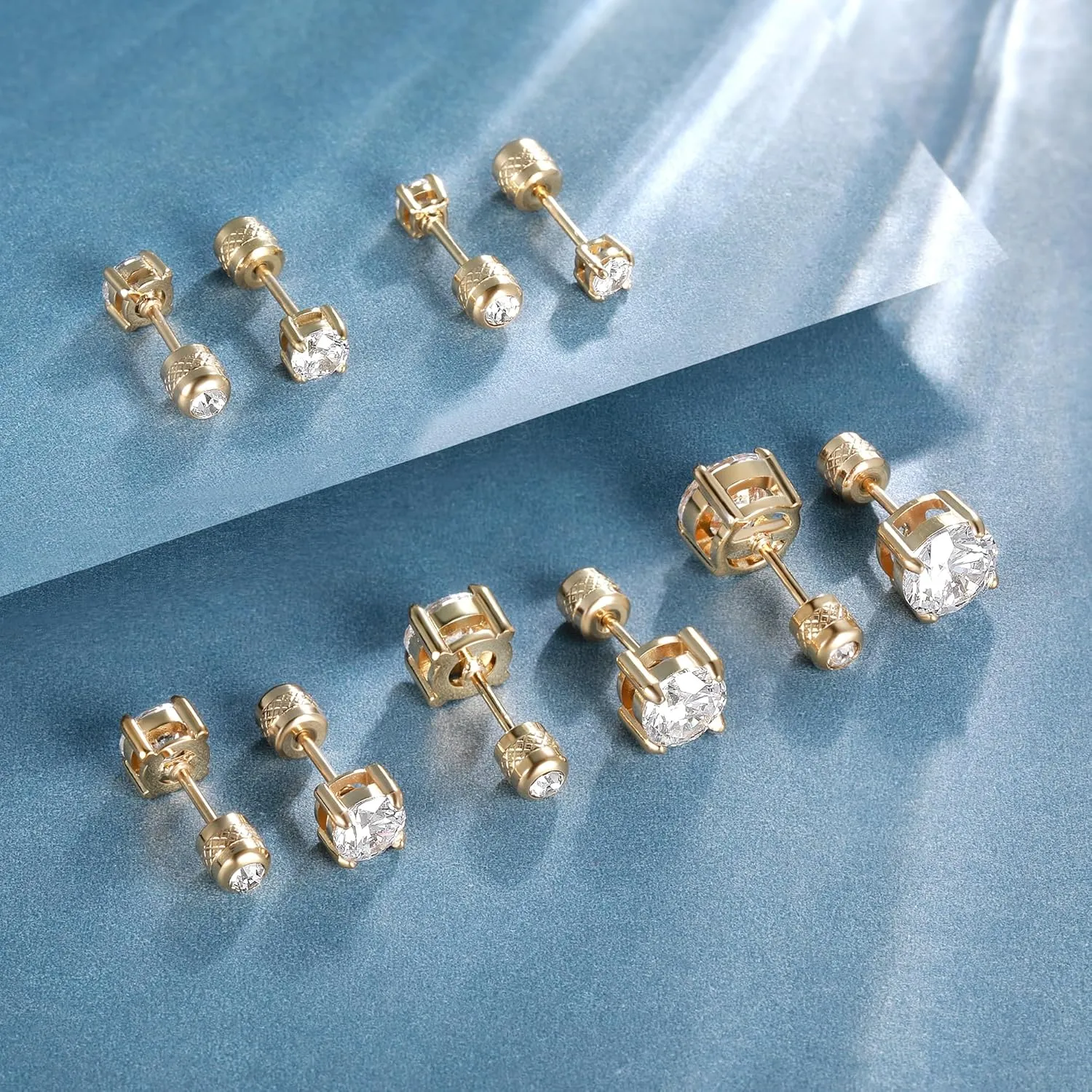 5 Pairs 316L Square Screw Back Stud Earrings Set, Hypoallergenic Cubic Zirconia Surgical Stainless Steel Round Cut CZ Stud Earring for Women and Men 3-7mm