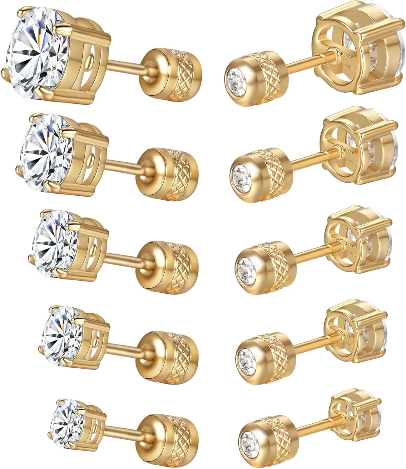 5 Pairs 316L Square Screw Back Stud Earrings Set, Hypoallergenic Cubic Zirconia Surgical Stainless Steel Round Cut CZ Stud Earring for Women and Men 3-7mm