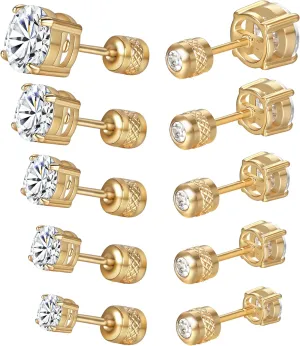 5 Pairs 316L Square Screw Back Stud Earrings Set, Hypoallergenic Cubic Zirconia Surgical Stainless Steel Round Cut CZ Stud Earring for Women and Men 3-7mm
