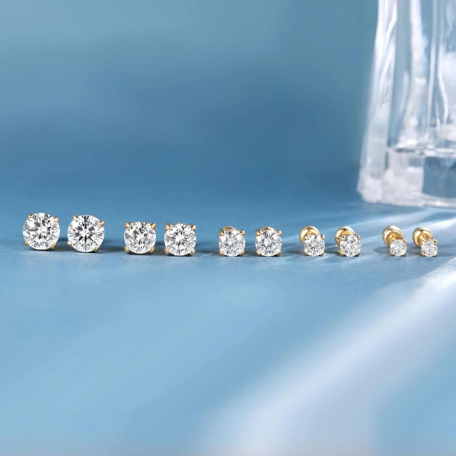 5 Pairs 316L Square Screw Back Stud Earrings Set, Hypoallergenic Cubic Zirconia Surgical Stainless Steel Round Cut CZ Stud Earring for Women and Men 3-7mm