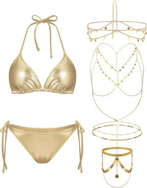 5 Pcs Women Gold Bikini with Gold Sequins Head Chain Body Waist Thigh Chain Jewelry Set Swimsuit Bathing Suits