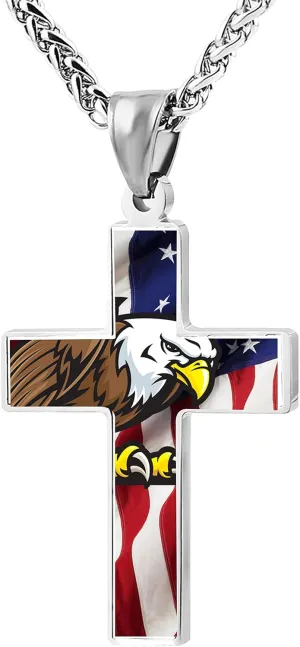 54RHD5BT1D Unique Metal Religious Mighty American Flag Bald Eagle Zinc Alloy Stainless Silver Steel Cross Necklace Holder Pearl Chain Urn Pendants