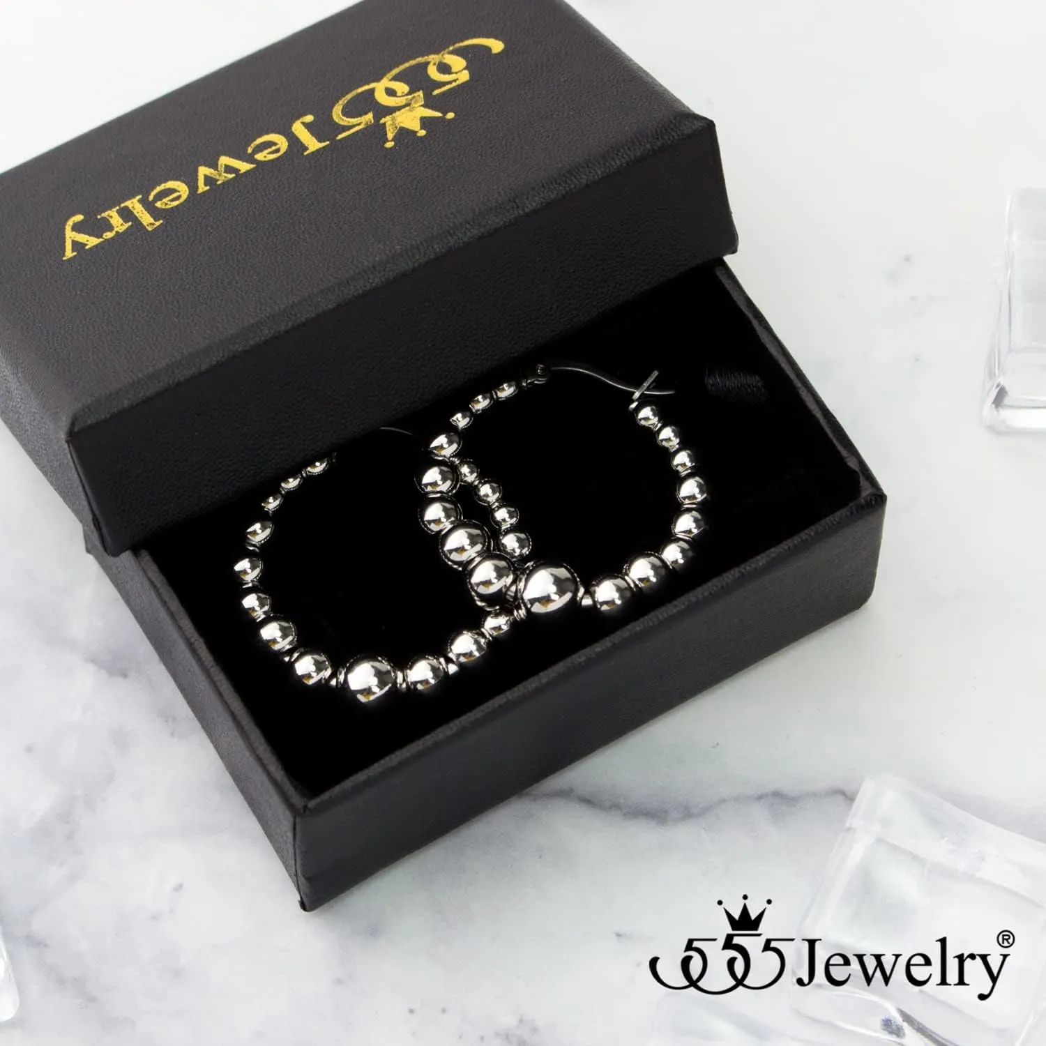 555Jewelry Hypoallergenic Large Stainless Steel Beaded Hoop Earrings for Women
