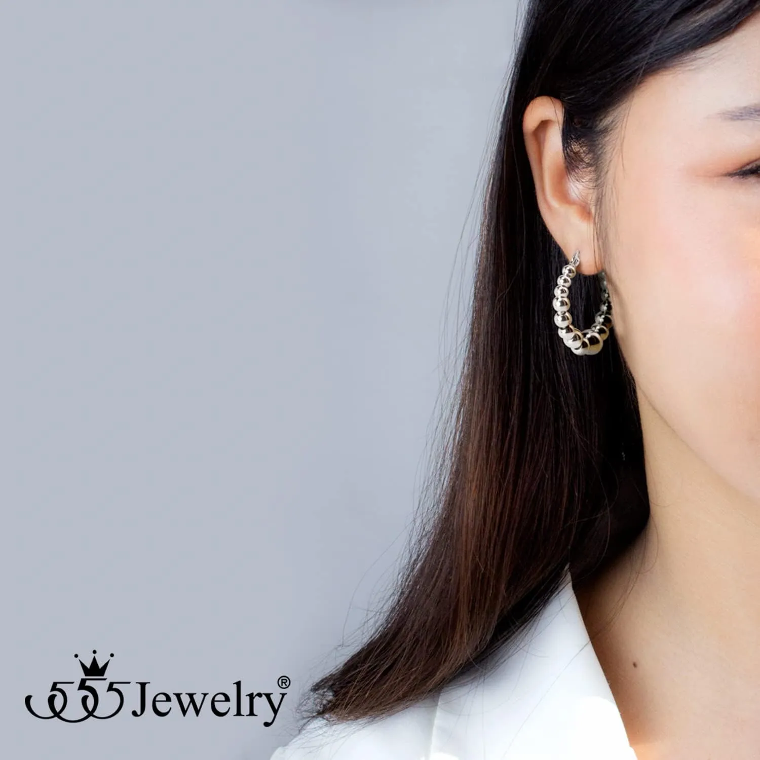555Jewelry Hypoallergenic Large Stainless Steel Beaded Hoop Earrings for Women