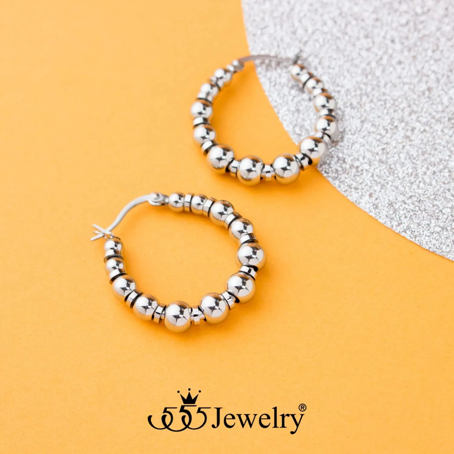 555Jewelry Stainless Steel Medium Beaded Hoop Earrings for Women & Ladies