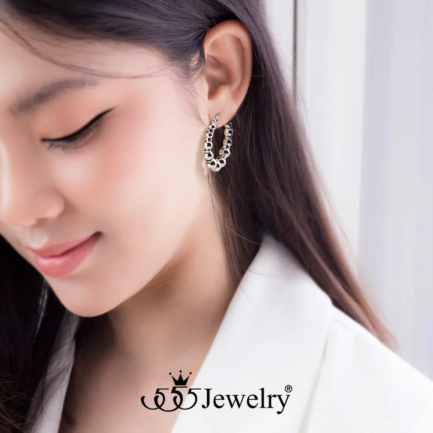 555Jewelry Stainless Steel Medium Beaded Hoop Earrings for Women & Ladies