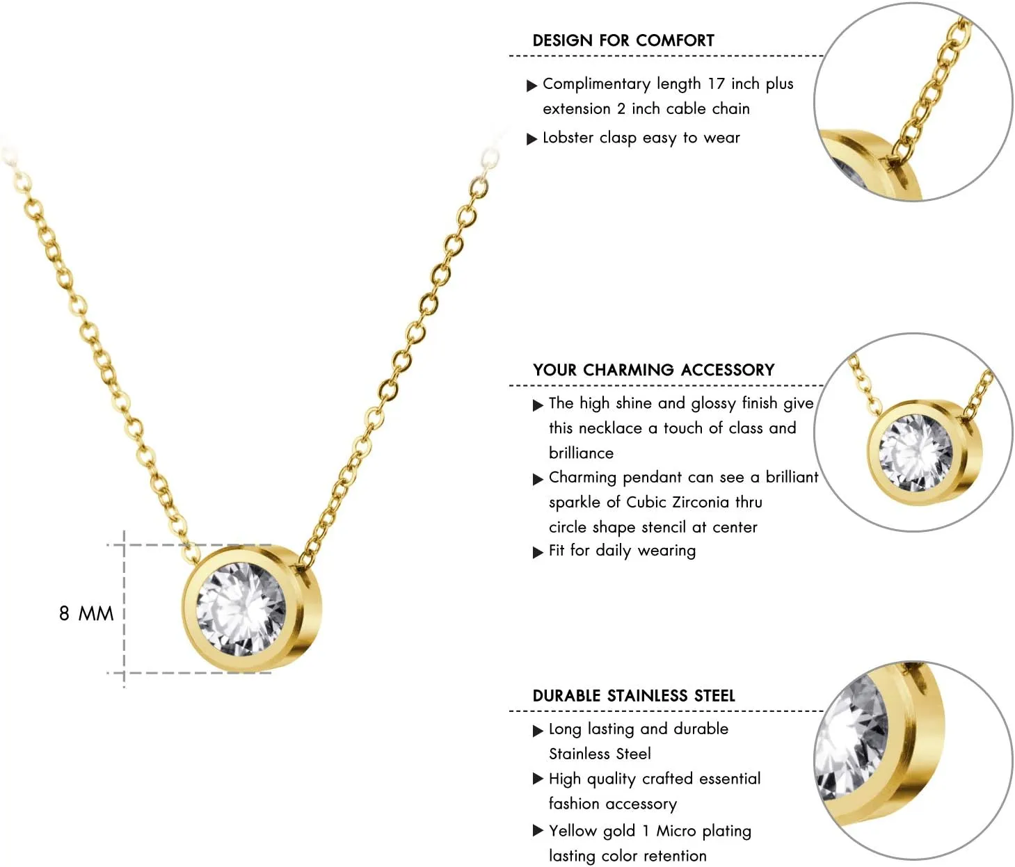 555Jewelry Stainless Steel Round CZ Solitaire Sparkly Bezel Pendant Necklace