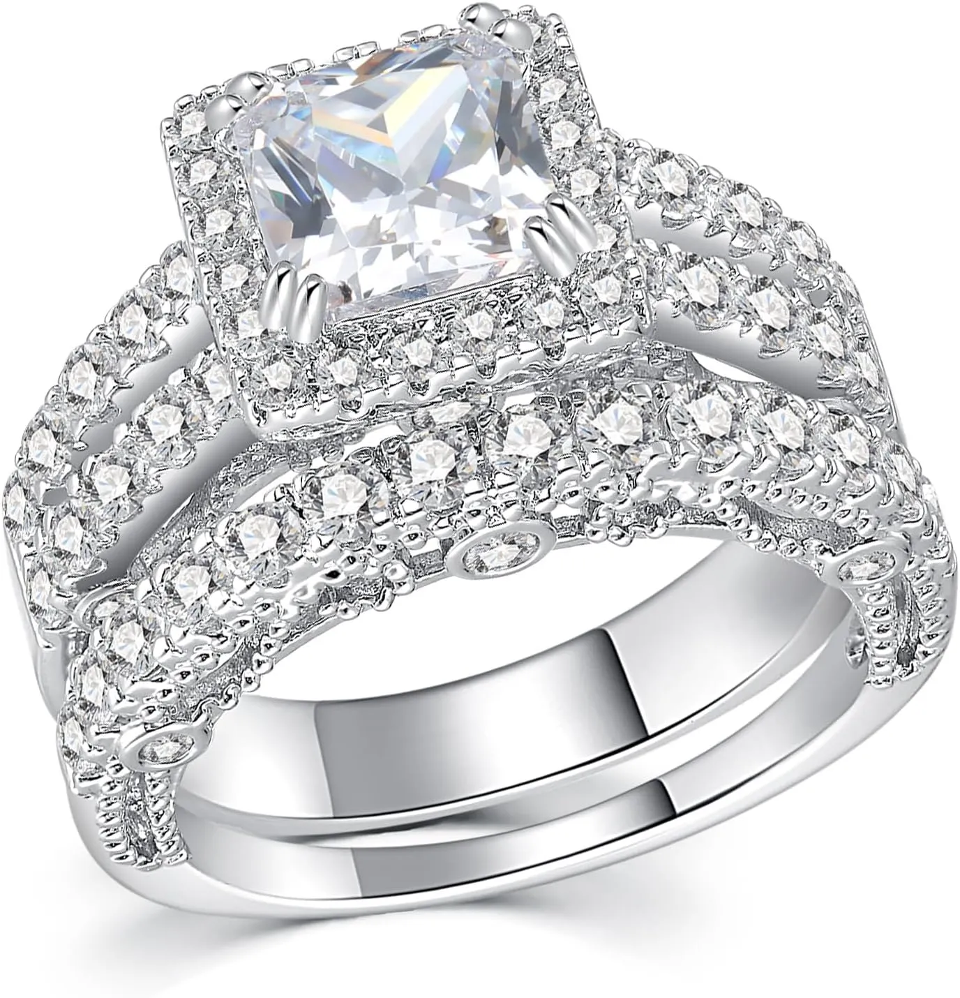 5CT Princess Cut Engagement Ring, Promise Wedding Cubic Zirconia White Gold Plated Band Set for Women Size 5-10