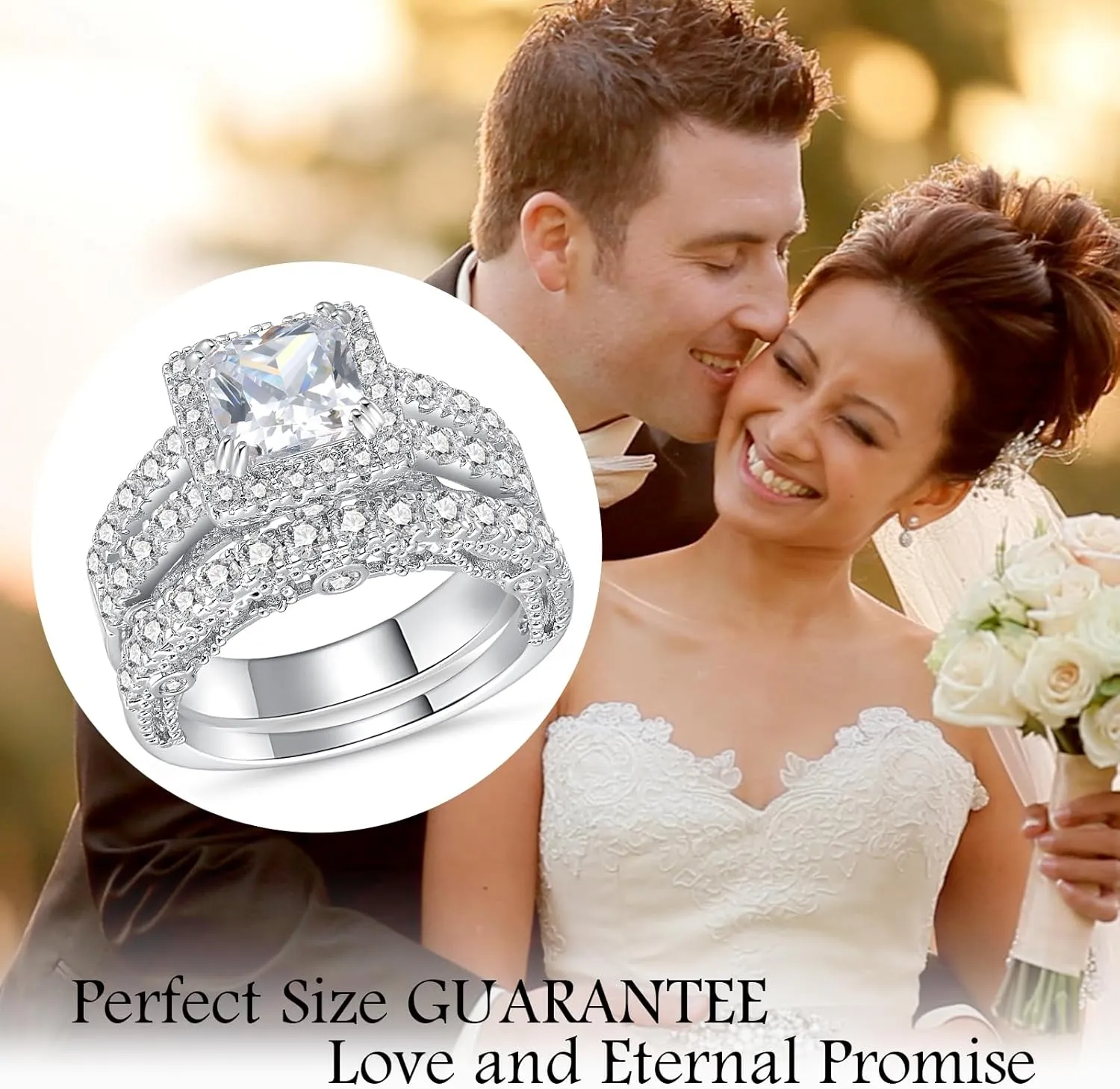 5CT Princess Cut Engagement Ring, Promise Wedding Cubic Zirconia White Gold Plated Band Set for Women Size 5-10