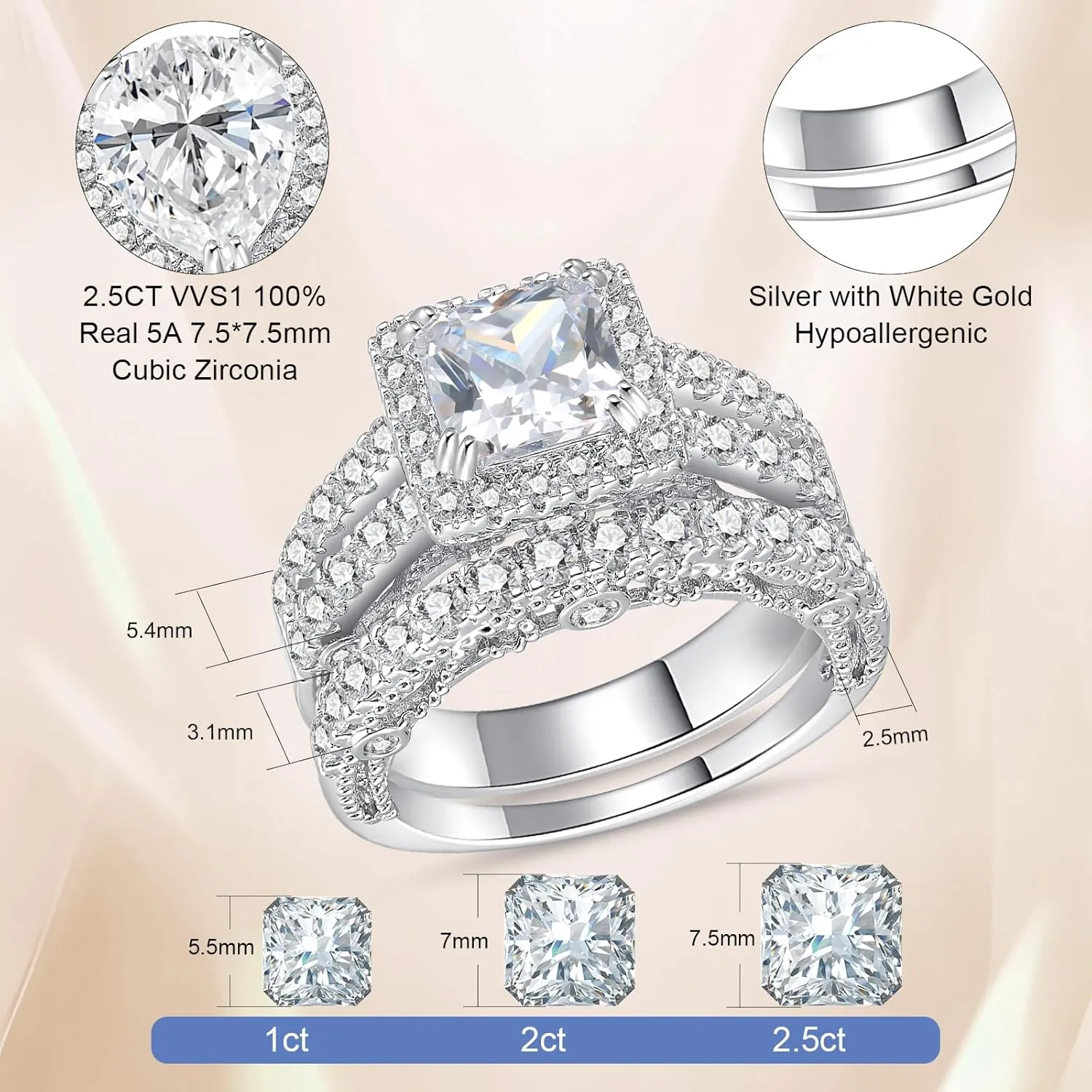 5CT Princess Cut Engagement Ring, Promise Wedding Cubic Zirconia White Gold Plated Band Set for Women Size 5-10