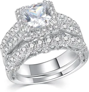 5CT Princess Cut Engagement Ring, Promise Wedding Cubic Zirconia White Gold Plated Band Set for Women Size 5-10