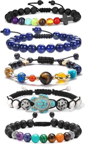 5Pcs Lave Rock 7 Charkas Beads Bracelets for Men Women Universe Galaxy Cross Turtle Charm Essential Oil Adjustable Bracelets