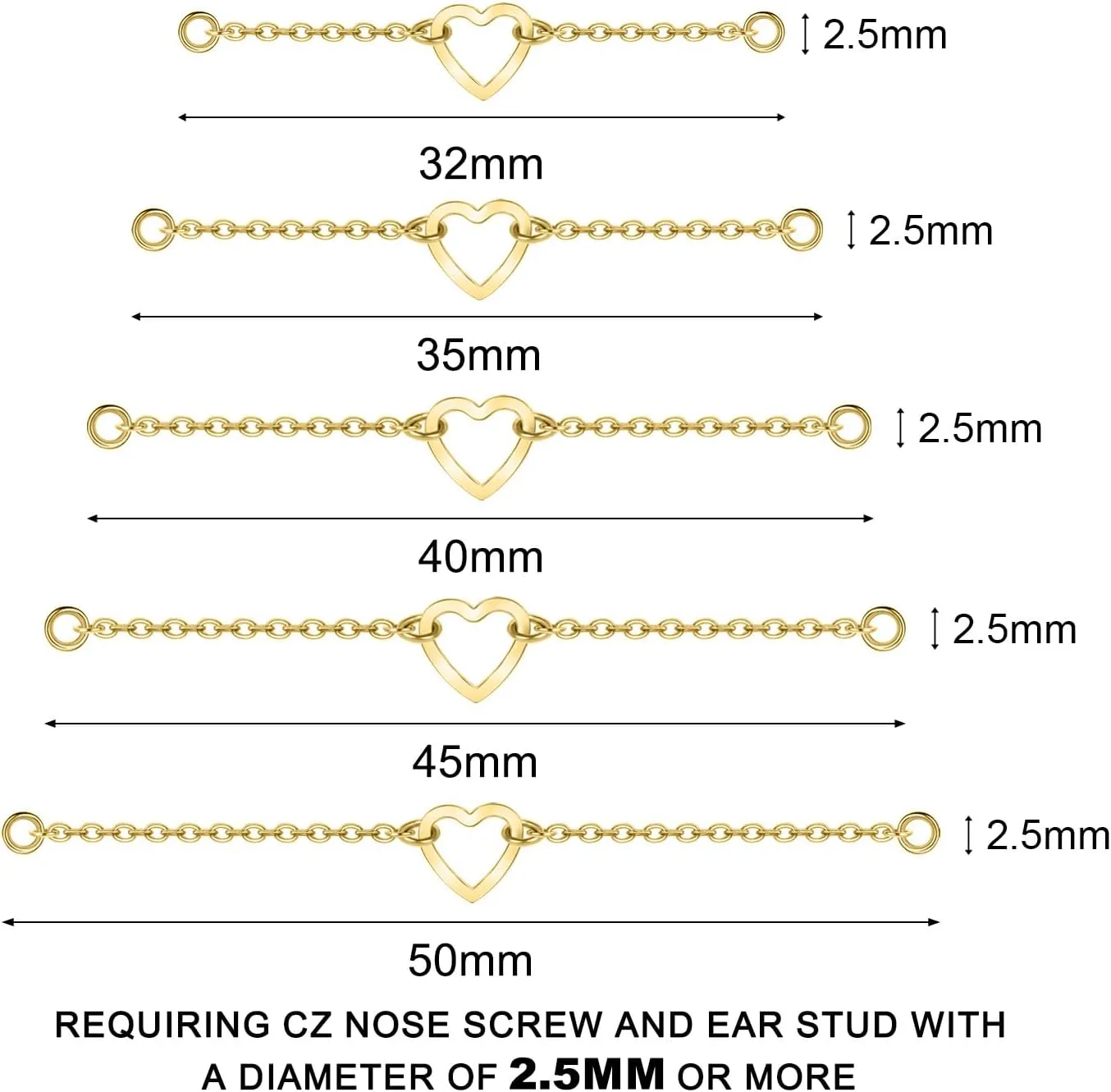 5Pcs Surgical Steel Across Top Nose Rings Chain for Women Nose Studs Nostril Chain for Women Men Chain Nose Piercing Jewelry Black, Gold, Silver