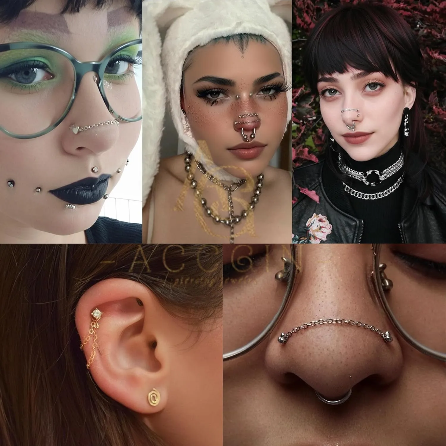 5Pcs Surgical Steel Across Top Nose Rings Chain for Women Nose Studs Nostril Chain for Women Men Chain Nose Piercing Jewelry Black, Gold, Silver