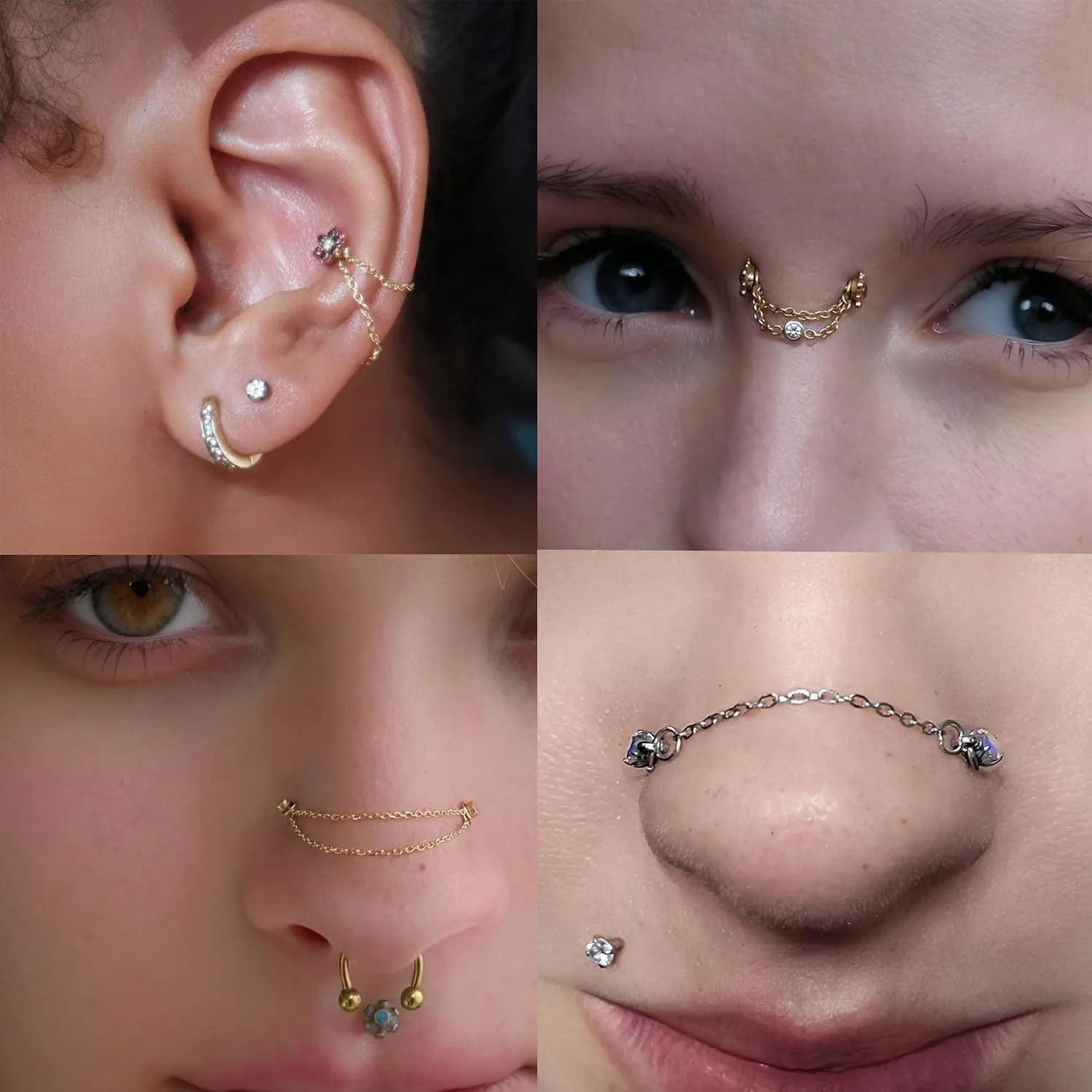 5Pcs Surgical Steel Across Top Nose Rings Chain for Women Nose Studs Nostril Chain for Women Men Chain Nose Piercing Jewelry Black, Gold, Silver