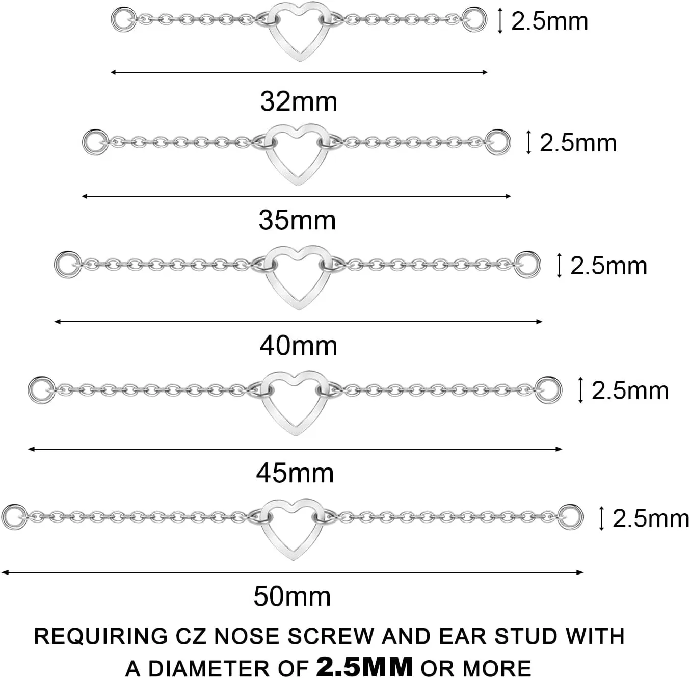 5Pcs Surgical Steel Across Top Nose Rings Chain for Women Nose Studs Nostril Chain for Women Men Chain Nose Piercing Jewelry Black, Gold, Silver