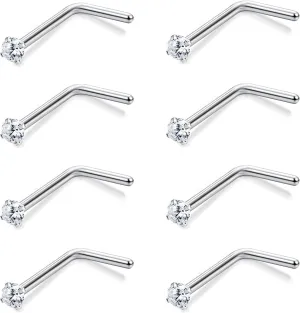 8-12 Pcs 20G Nose Studs Stainless Steel L Shaped Nose Ring Nose Stud Nostril Piercing Jewelry Silver Nose Rings Studs for Women Men Birthday Gifts CZ 1.5mm
