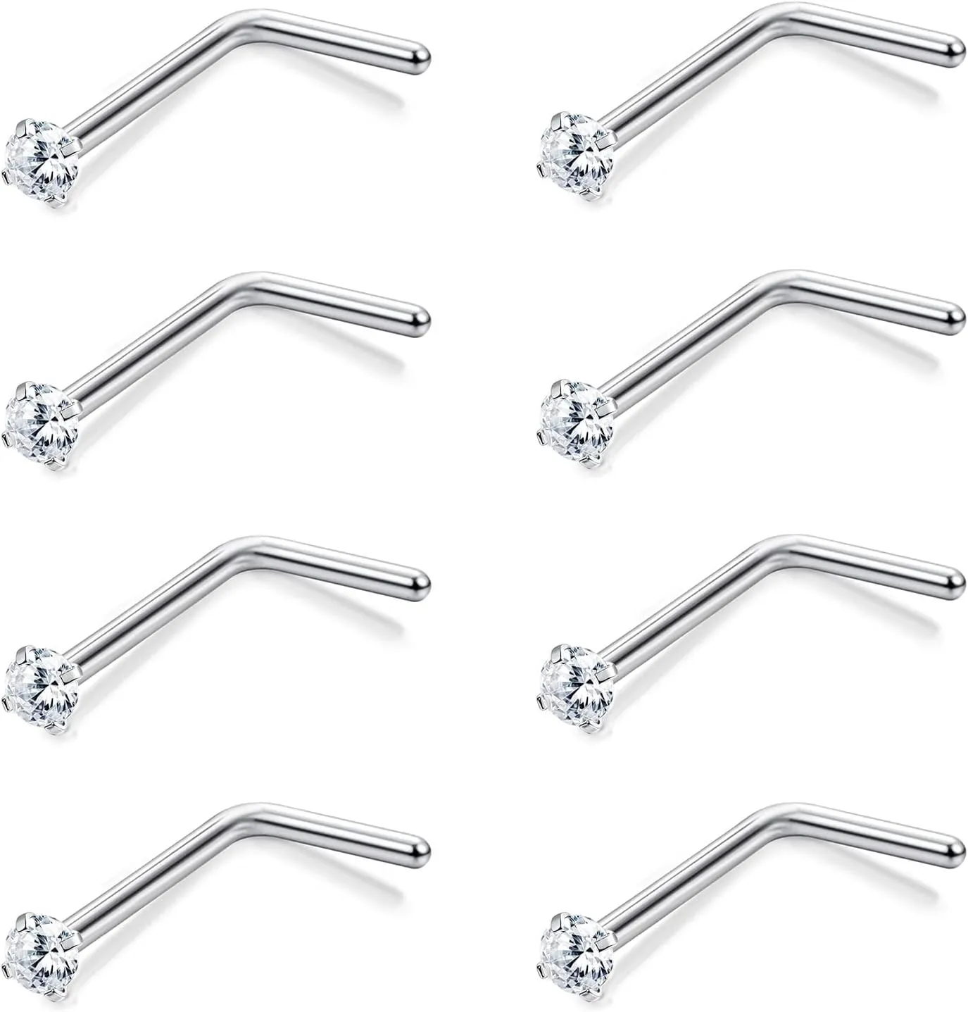 8-12 Pcs 20G Nose Studs Stainless Steel L Shaped Nose Ring Nose Stud Nostril Piercing Jewelry Silver Nose Rings Studs for Women Men Birthday Gifts CZ 1.5mm